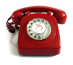 image of old style dial red telephone with a red apple logo in the center
