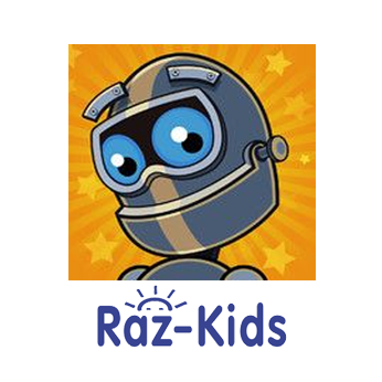 image of cartoon robot with words Raz-Kids and links to raz-kids website