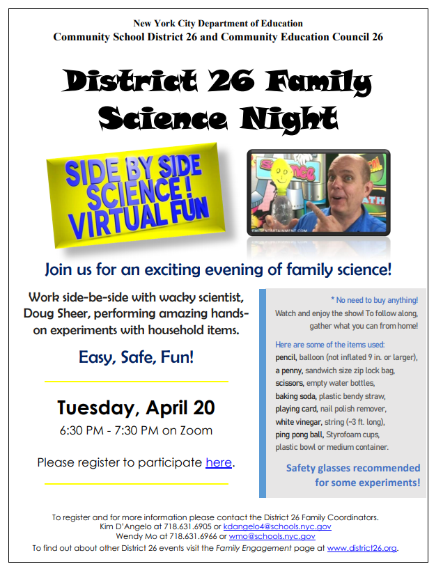 District 26 Family Science Night Tuesday, April 20. Click for PDF