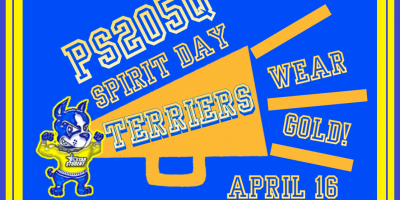 ps 205 terrier logo. spirit day. wear gold april 16, 2021