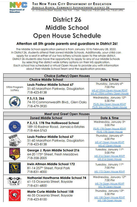District 26 Middle School Open House Schedule PS 205Q Alexander 