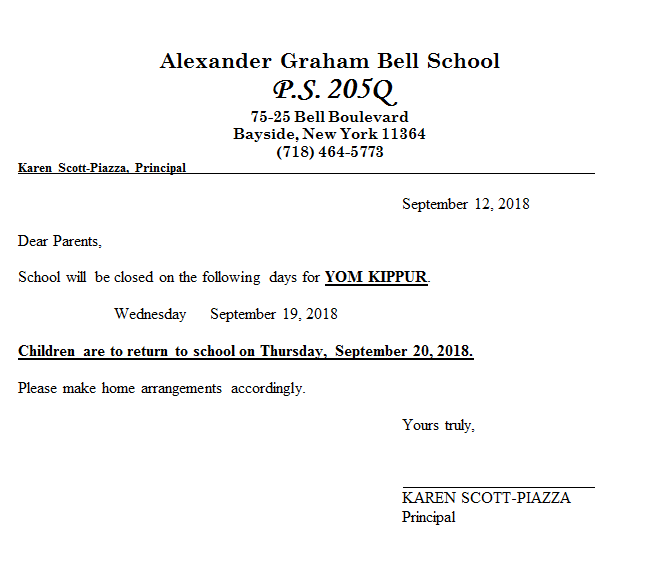 School Closed Yom Kippur Wed, September 19th PS 205Q Alexander