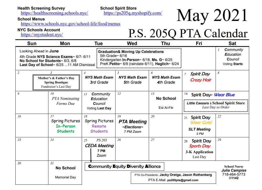 May 2021 Calendar PS 205Q Alexander Graham Bell