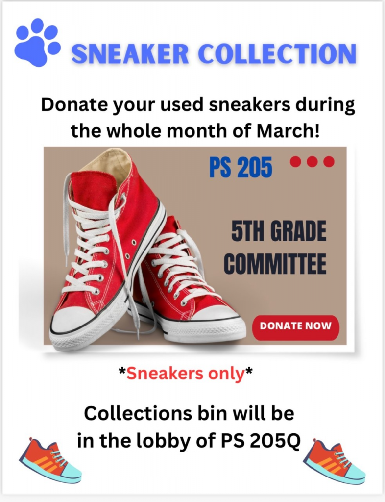 used sneakers flyer fundraiser. drop off your old sneakers in the school lobby during the month of March 2023